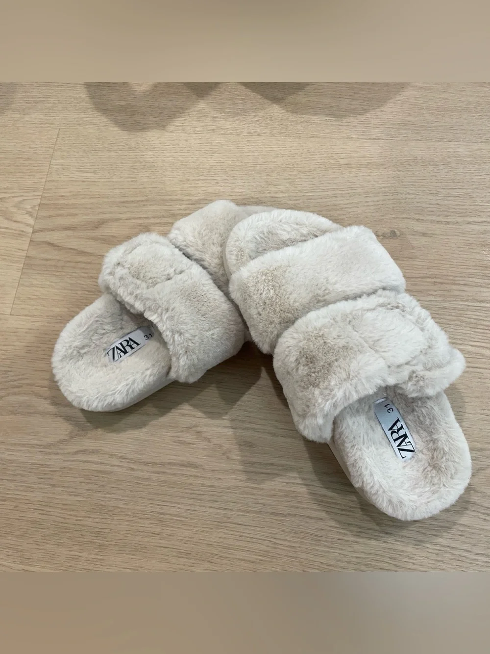 Zara Cream Plush Double-Band Slide Slippers